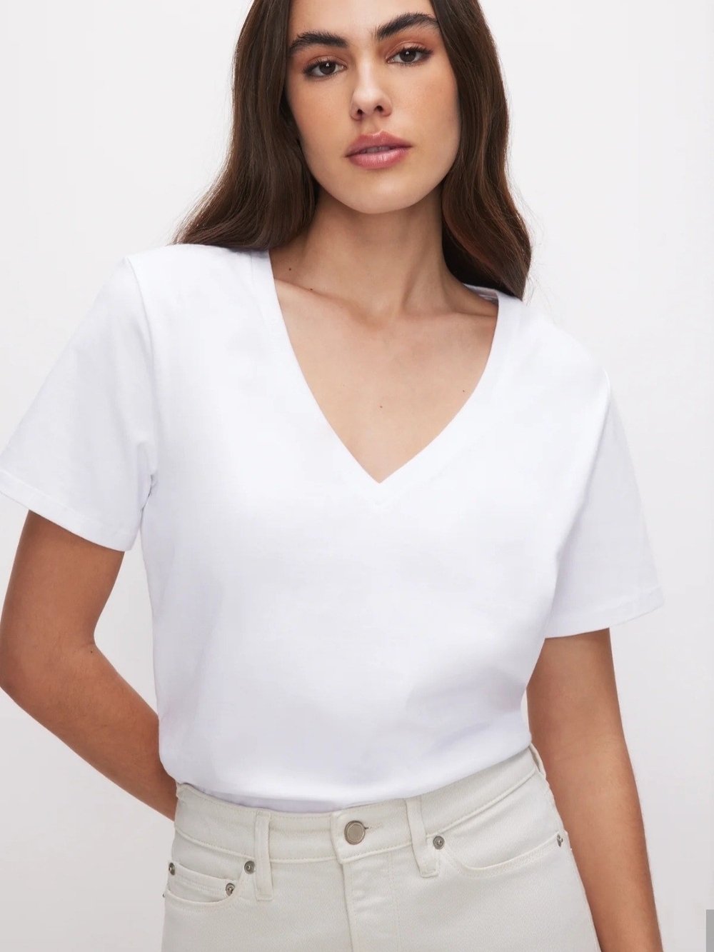 Good American Classic White V-Neck Cotton Tee